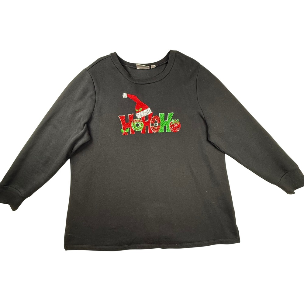 Quacker Factory Black Ho Ho Ho Sequin Christmas Sweatshirt Womens 1X Holiday